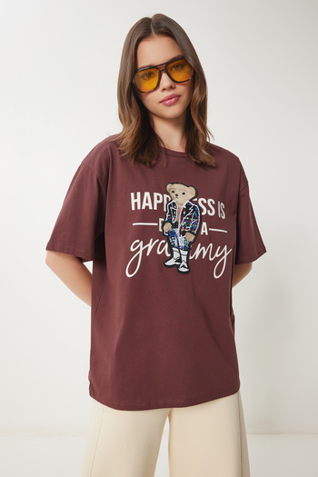 Happiness İstanbul Braunes Damen-T-Shirt mit Teddybär-Stickerei aus Baumwolle in Übergröße CR00461