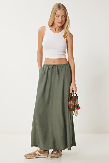 Happiness İstanbul Women's Khaki Wrinkle Effect Summer Flared Woven Skirt Ub00305