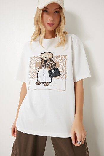 Happiness İstanbul Dámské oversize pletené tričko Ecru Emblem Cotton CR00464