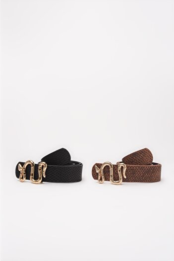 Trendyol Collection Dámský pásek - Black Tan 2 Pack Snake Buckle