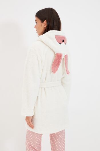 Trendyol Collection Wellsoft Winter-Strickmantel mit weißem Gürtel und Tierfiguren und Kapuze THMAW21SB0002