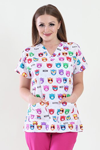 ModaCanel Fashion Canel V-Neck Ladies Colorful Cats Pattern Medical Jersey Top Jacket