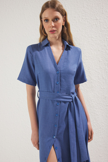 Trendyol Collection Indigové midi tkané košilové šaty TWOSS25EL00285
