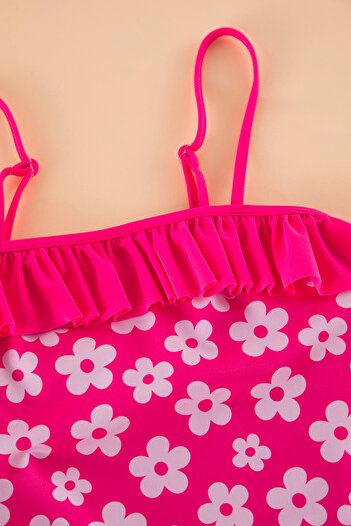 TRENDYOLKIDS Pink Girl's Ruffled Floral Suspender Swimsuit Tkdss25Ma00004