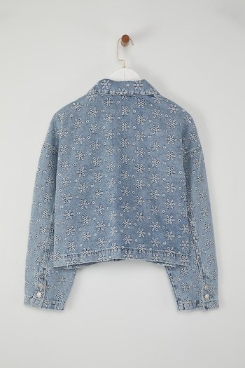 Trendyol Collection Blue Floral Embroidery Loose Fit Denim Shirt Jacket Twoss25Ce00059
