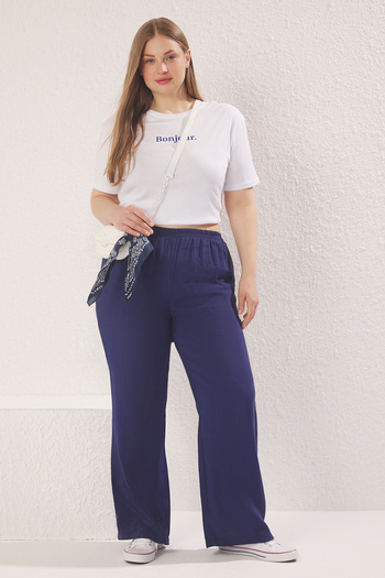 Trendyol Curve Navy Blue High Waist Wide Leg Viscose Content Woven Pants Tbbss25Ar00027