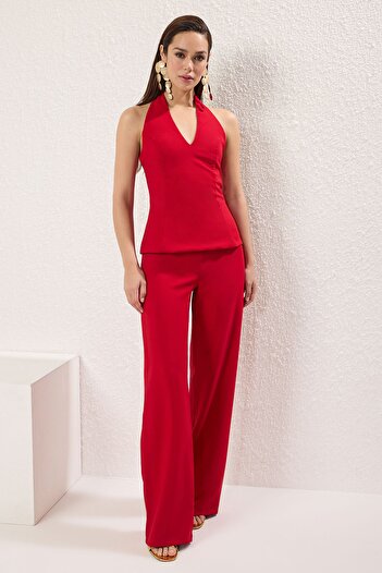 Trendyol Collection Red V-Neck Woven Stylish Jumpsuit Tprss25Tu00013