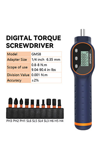 Choice GMS8 1/4" Digital Torque Screwdriver Drive Screwdriver 7.08-70.8 in-lbs Torque Wrench Driver 10pcs M