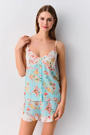 SUWEN Set pijama cu pantaloni scurți cu flori
