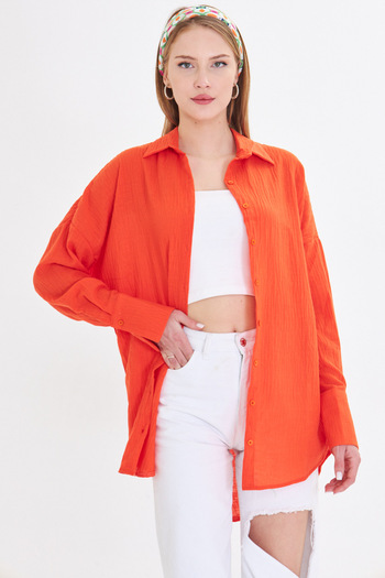 armonika Orangefarbenes Oversize-Hemd in strukturierter Leinenoptik mit breiten Manschetten für Damen ARM-24K001001