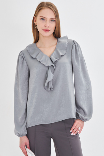 armonika Women's Light Gray Frilly Collared Shoulder Gathered Sleeve Elastic Cotton Satin Blouse ARM-22K001059