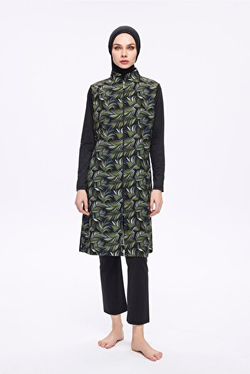 Nehar Body Patterned Navy Blue 3 Piece Woven Full Hijab Swimsuit Set 2275