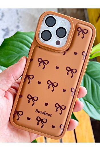 Fibaks iPhone 16 Pro Compatible Case Soft Textured Bowknot Pattern Brown Soft Camera Protected Cover