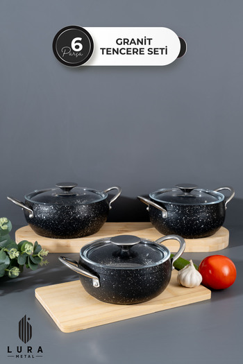 Skygo 6 Piece Black Granite Mini Casserole Set (16-18-20 Cm, Glass Lid, Non-Stick)