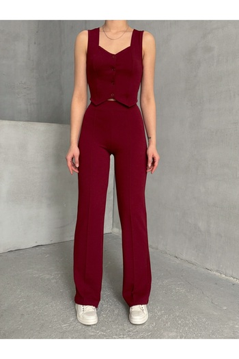 BEJNA Women's Burgundy Strappy Vest Pants Set