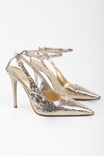 Shoeberry Kadın Mila Altın Yılan Desenli Kemerli Bilekten Bağlı Stiletto