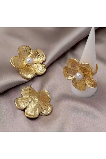 SE Jewellery Collection Selin Ersoy Gold Çiçek Motifli İnci Detaylı Zarif Kadın Küpe Yüzük Set Takı Seti