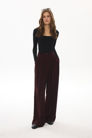 Hooopstore Class Rubber Detailed Palazzo Claret Red Trousers