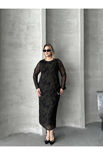 Stil Diva Plus Size Long Tulle Sleeve Lined Mesh Midi Dress 216292