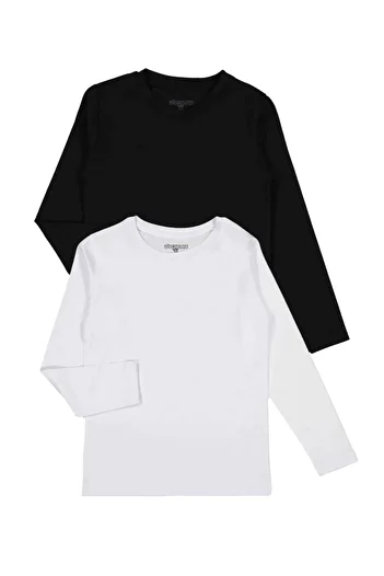 Divonette Girls Boys Cotton Plain Long Sleeve Kids T-Shirt 2-Piece Set (Black/White) - Unisex Children's Basic T-Shirt