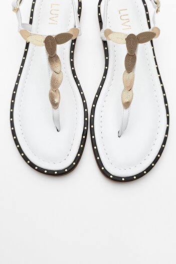 LuviShoes Marea White Genuine Leather Flip Flops Gold Buckle Women's Sandals