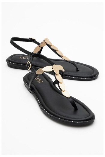 LuviShoes Marea Black Genuine Leather Flip Flops Gold Buckle Women's Sandals