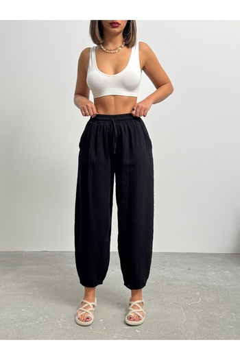 BEJNA Women's Black Pocket Linen Textured Balloon Pants