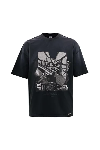 Machinist Men's Cracked Printed Washable Oversize Black T-Shirt