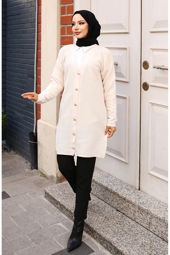 sefamerve Button Detailed Corded Cardigan 3091-03 Stone