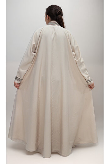 Generic Beige linen abaya with qitan on the collar and sleeves