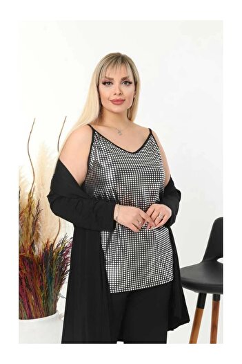 MODA Women's Plus Size Front Foil Print Back Black Strap Viscos Bluz