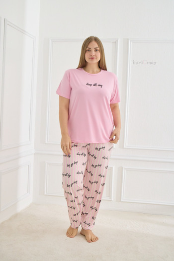 Burcumay Women's Plus Size Print Short Sleeve Stretchy Soft Textured Pink Summer Pajama Set