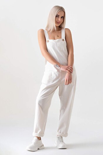 Fashion Showcase Λινό Salopet με 5 τσέπες - Λευκό