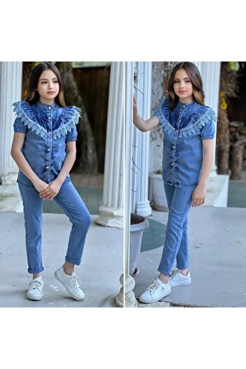 KOKOŞ BEBEK Fırfır Detay Önden Düğmeli Kot Takım | 3/10 Yaş Arası