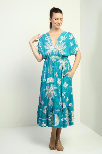 By Saygı Women's Front Back V Neck Bat Sleeve Palm Pocket Ruffle Dress