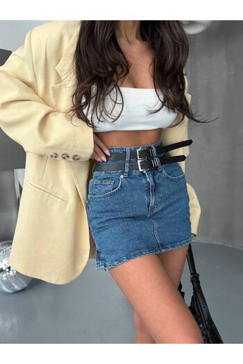 DENİKK Trend Double Belt Lycra Mini Denim Jean Skirt-Trend Double Belt Mini Denim Jean Skirt