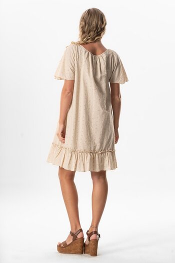 Eliş Şile Bezi Beige Voile Katre Guipure Feather, Short Sleeve Dress