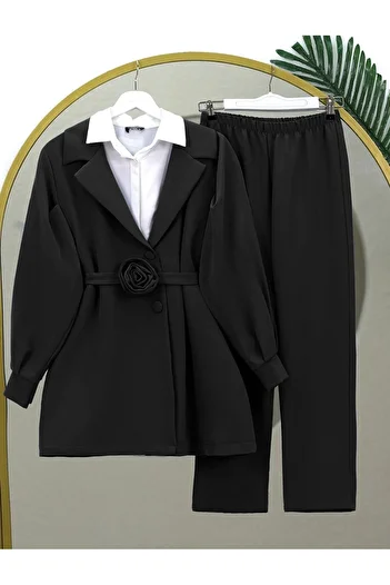 MACMODA Belt Rose Detailed Double Breasted Collar Jacket Pants Set