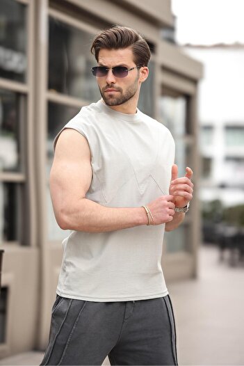 Madmext Painted Gray Sleeveless 100% Para Basic Men's T-Shirt E7137