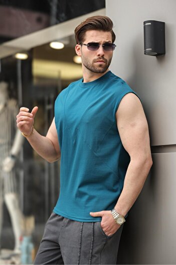 Madmext Ανδρικό μπλουζάκι Petrol Blue Αμάνικο 100% Cotton Basic E7137