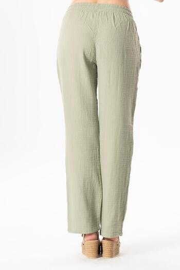 Eliş Şile Bezi Muslin Waist Lace up Double Pocket Women's Summer Trousers Olive Green Zytnysl