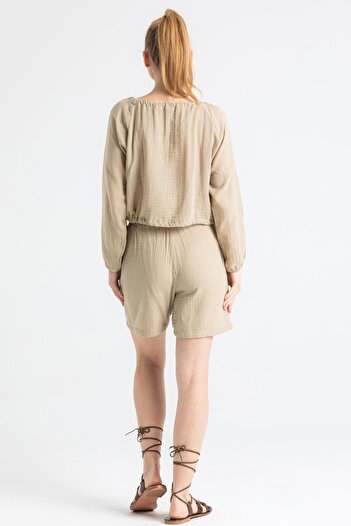 Eliş Şile Bezi Pearl Laced Summer Muslin Shorts Mink Vzn