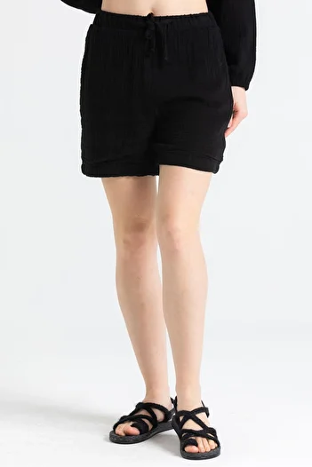 Eliş Şile Bezi Pearl Tied Summer Shorts Black