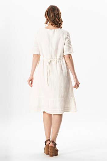 Eliş Şile Bezi Short Sleeve, Square Collar, Pocket Mastering Mod Dress for Females