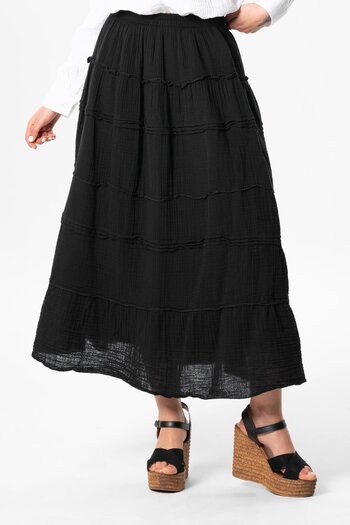 Eliş Şile Bezi Benan Elastic Waist Long Summer Muslin Skirt Black Black