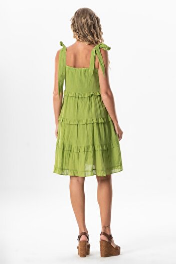 Eliş Şile Bezi Strappy Voile - Dubai Square Neck, Short Summer Dress (Pistachio Green)