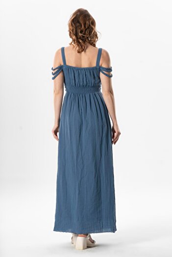 Eliş Şile Bezi Strappy Cleopatra Sleeve Detailed Long Muslin Summer Dress Indigo Indg
