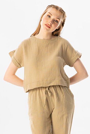 Eliş Şile Bezi Short Sleeve Izel Summer Muslin Blouse Mink Vzn