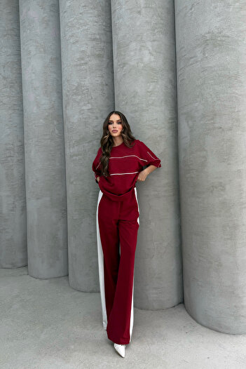 Bliss Women's Striped Short Sleeve Comfortable Fit Bottom Top Red Tracksuit Set