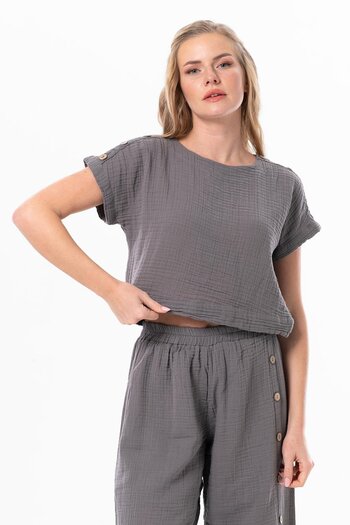 Eliş Şile Bezi Short Sleeve Izel Summer Muslin Blouse Gray Gray